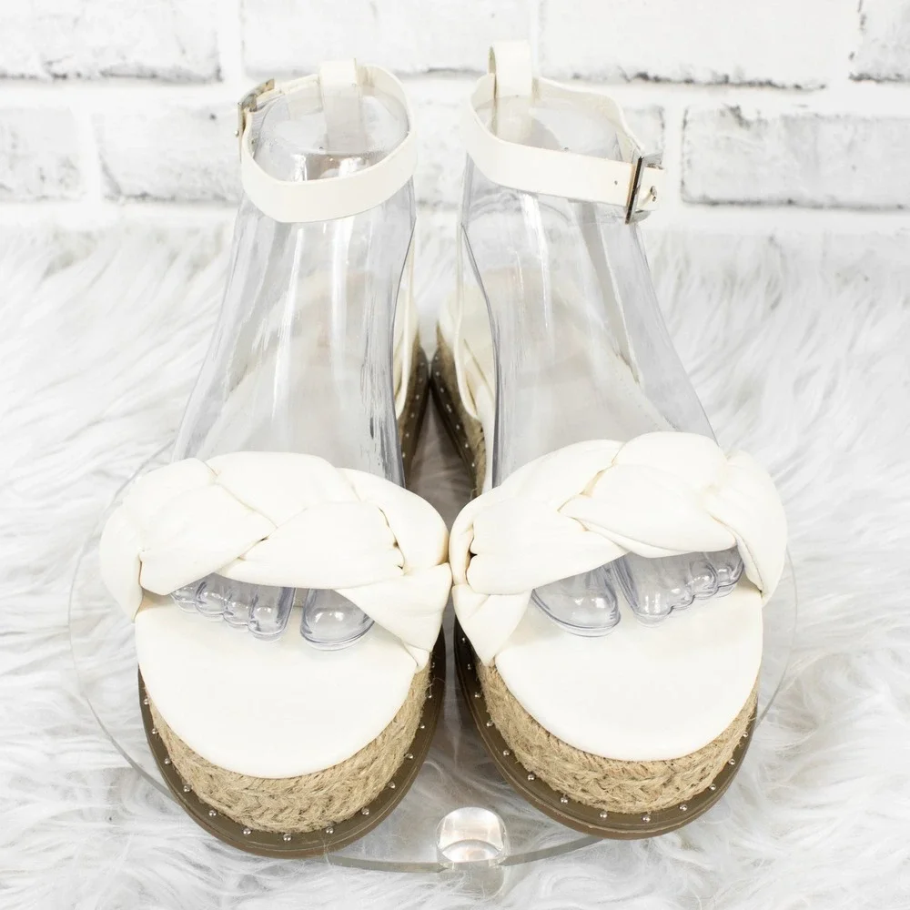 Pretty Little Thing White Platform Espadrille Sandals Size 8‎ Faux Leather Ankle